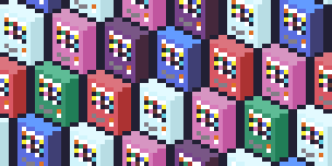 isometric perspective overlooking a tiled pattern of different coloured vending machines